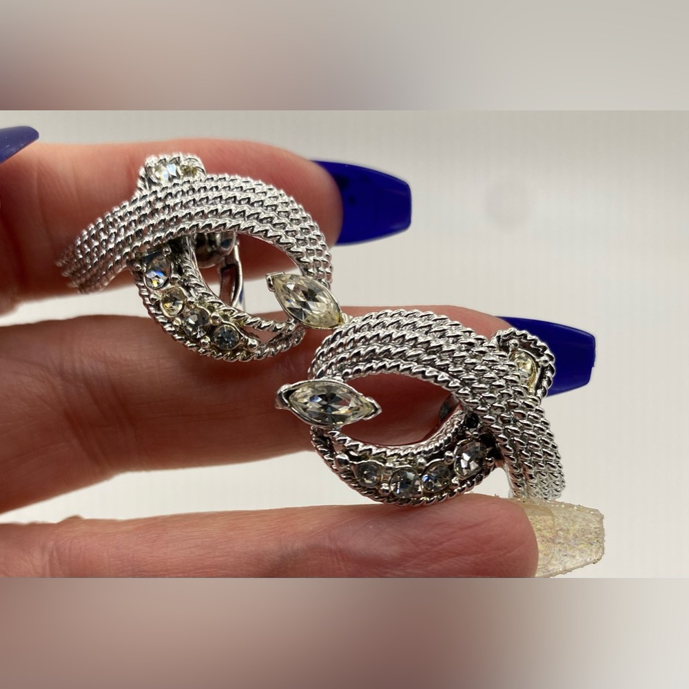 Coro Silver Tone Rhinestone Twist Clip On Earrings